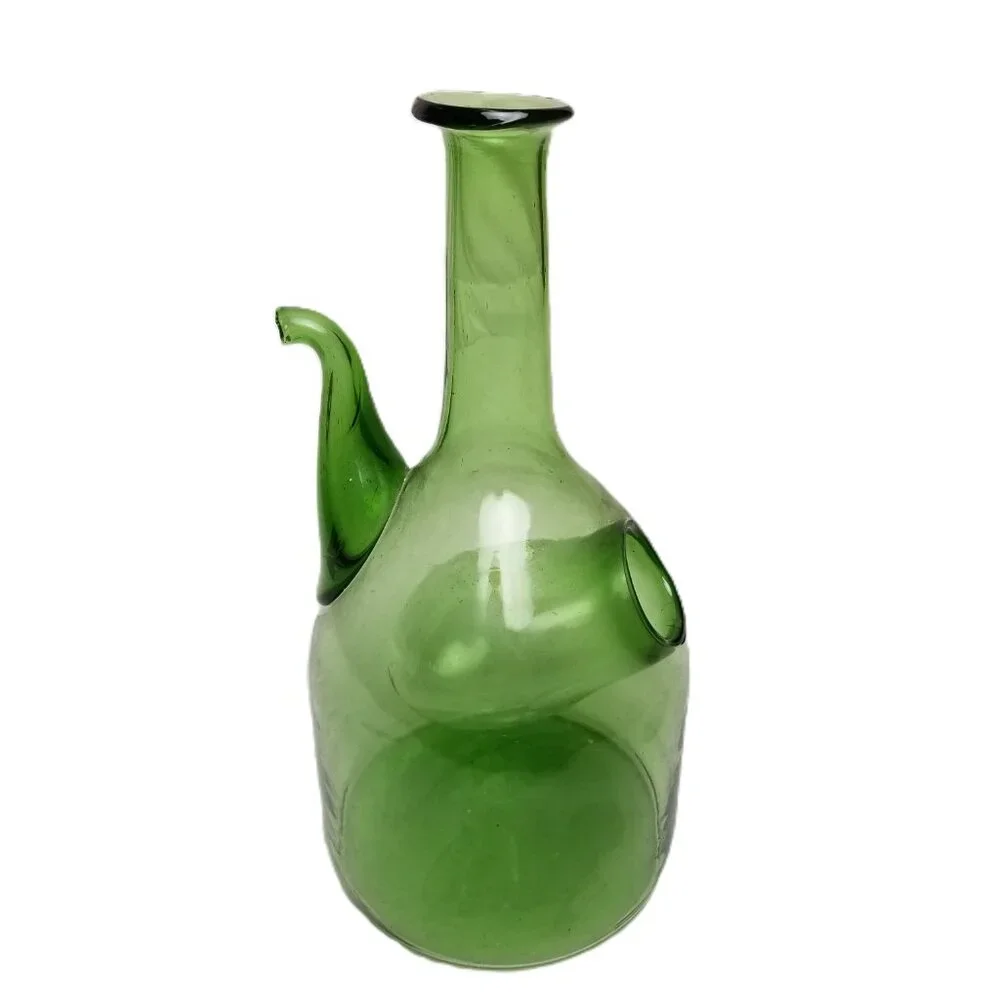Italian Green Glass Wine Decanter Ice Chamber Cork Stopper 13in Barware